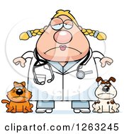 Clipart Of A Cartoon Sad Depressed Chubby Blond White Female Veterinarian With A Cat And Dog Royalty Free Vector Illustration
