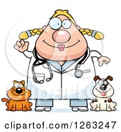 Clipart Of A Cartoon Friendly Waving Chubby Blond White Female Veterinarian With A Cat And Dog Royalty Free Vector Illustration