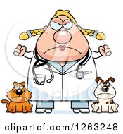 Clipart Of A Cartoon Mad Chubby Blond White Female Veterinarian With A Cat And Dog Royalty Free Vector Illustration