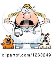 Clipart Of A Cartoon Scared Screaming Chubby Blond White Female Veterinarian With A Cat And Dog Royalty Free Vector Illustration