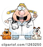 Poster, Art Print Of Cartoon Smart Chubby Blond White Female Veterinarian With A Cat And Dog And An Idea