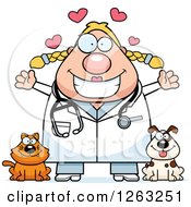 Clipart Of A Cartoon Loving Chubby Blond White Female Veterinarian With A Cat And Dog Royalty Free Vector Illustration