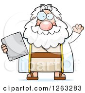 Cartoon Friendly Waving Chubby Moses Holding A Tablet