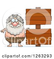 Cartoon Chubby Hermit Man With Wooden Signs