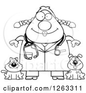 Clipart Of A Black And White Cartoon Happy Chubby Female Veterinarian With A Cat And Dog Royalty Free Vector Illustration
