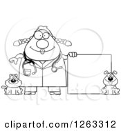 Clipart Of A Black And White Cartoon Happy Chubby Female Veterinarian With A Cat And Dog And A Blank Sign Royalty Free Vector Illustration