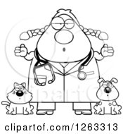 Poster, Art Print Of Black And White Cartoon Careless Shrugging Chubby Female Veterinarian With A Cat And Dog