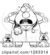 Clipart Of A Black And White Cartoon Scared Screaming Chubby Female Veterinarian With A Cat And Dog Royalty Free Vector Illustration