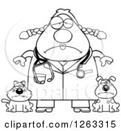 Clipart Of A Black And White Cartoon Sad Depressed Chubby Female Veterinarian With A Cat And Dog Royalty Free Vector Illustration