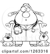 Poster, Art Print Of Black And White Cartoon Surprised Chubby Female Veterinarian With A Cat And Dog