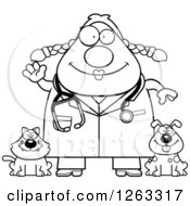 Clipart Of A Black And White Cartoon Friendly Waving Chubby Female Veterinarian With A Cat And Dog Royalty Free Vector Illustration
