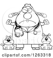 Clipart Of A Black And White Cartoon Mad Chubby Female Veterinarian With A Cat And Dog Royalty Free Vector Illustration