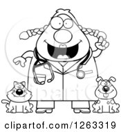 Clipart Of A Black And White Cartoon Smart Chubby Female Veterinarian With A Cat And Dog And An Idea Royalty Free Vector Illustration