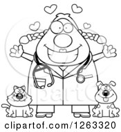 Clipart Of A Black And White Cartoon Loving Chubby Female Veterinarian With A Cat And Dog Royalty Free Vector Illustration