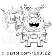 Black And White Cartoon Smart Chubby Thor Holding A Hammer