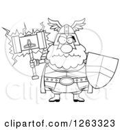 Black And White Cartoon Mad Chubby Thor Holding A Hammer And Shield