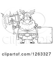 Black And White Cartoon Happy Chubby Thor Holding A Hammer By A Stone Sign