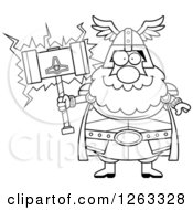 Black And White Cartoon Happy Chubby Thor Holding A Hammer