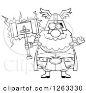 Black And White Cartoon Friendly Waving Chubby Thor Holding A Hammer