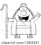 Clipart Of A Black And White Cartoon Chubby Male Shepherd With An Idea Royalty Free Vector Illustration
