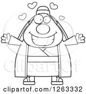 Clipart Of A Black And White Cartoon Chubby Loving Male Shepherd With Open Arms And Hearts Royalty Free Vector Illustration