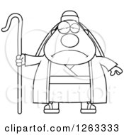 Clipart Of A Black And White Cartoon Chubby Sad Depressed Male Shepherd Royalty Free Vector Illustration