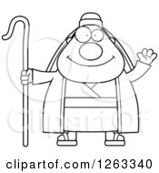 Clipart Of A Black And White Cartoon Friendly Waving Chubby Male Shepherd Royalty Free Vector Illustration