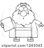 Black And White Cartoon Surprised Chubby Moses Holding A Tablet