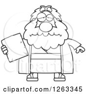 Black And White Cartoon Sad Depressed Chubby Moses Holding A Tablet