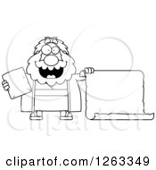 Black And White Cartoon Happy Chubby Moses Holding A Tablet And Scroll