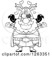 Clipart Of A Black And White Cartoon Loving Chubby Odin With Open Arms And Hearts Royalty Free Vector Illustration