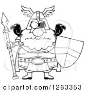 Clipart Of A Black And White Cartoon Chubby Mad Odin With A Spear And Shield Royalty Free Vector Illustration by Cory Thoman