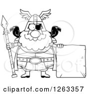 Clipart Of A Black And White Cartoon Happy Chubby Odin With A Stone Sign Royalty Free Vector Illustration by Cory Thoman