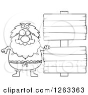 Black And White Cartoon Chubby Hermit Man With Wooden Signs