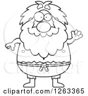 Black And White Cartoon Friendly Waving Chubby Hermit Man