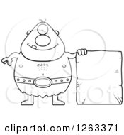 Black And White Cartoon Happy Cyclops Man With A Stone Tablet