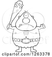 Black And White Cartoon Mad Cyclops Man Holding Up A Fist And Club