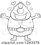 Clipart Of A Black And White Cartoon Loving Cyclops Man With Open Arms And Hearts Royalty Free Vector Illustration