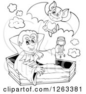 Clipart Of A Black And White Dracula Vampire Sitting In A Coffin With A Glass Of Blood And A Bat Royalty Free Vector Illustration