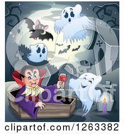 Clipart Of A Dracula Vampire Sitting In A Coffin With A Glass Of Blood Bats And Ghosts In A Cemetery Royalty Free Vector Illustration