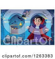 Poster, Art Print Of Dracula Vampire With Bats And Tombstones In A Haunted Hallway