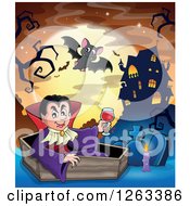 Poster, Art Print Of Dracula Vampire Sitting In A Coffin With A Glass Of Blood With Bats Tombstones And A Haunted House Against A Full Moon