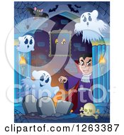 Poster, Art Print Of Dracula Vampire With Bats Ghosts And Tombstones In A Haunted Hallway