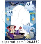Border Of A Dracula Vampire Holding A Glass Of Blood And Sitting In A Coffin With Ghosts And Bats In A Haunted Hallway