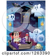 Poster, Art Print Of Dracula Vampire Holding A Glass Of Blood And Sitting In A Coffin With Ghosts And Bats In A Haunted Hallway