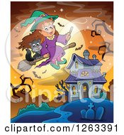 Poster, Art Print Of Witch And Cat Flying Over A Haunted House With A Cemetery Bare Tree And Bats Against A Full Moon