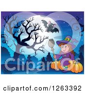 Poster, Art Print Of Full Moon With A Witch Halloween Pumpkins And Bats Over A Cemetery