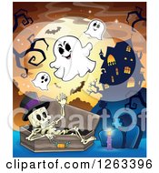 Poster, Art Print Of Skeleton In A Coffin With Ghosts At A Cemetery Near A Haunted Mansion