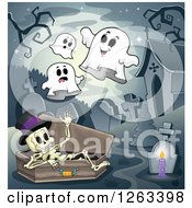 Poster, Art Print Of Skeleton In A Coffin With Ghosts At A Cemetery