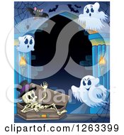 Clipart Of A Skeleton In A Coffin With Ghosts And Bats In A Haunted Hallway Royalty Free Vector Illustration by visekart